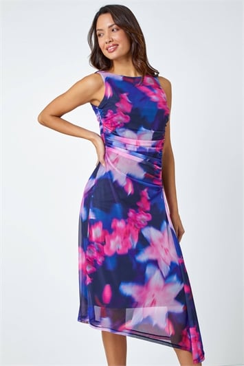 Blue Floral Mesh Asymmetric Stretch Bodycon Dress
