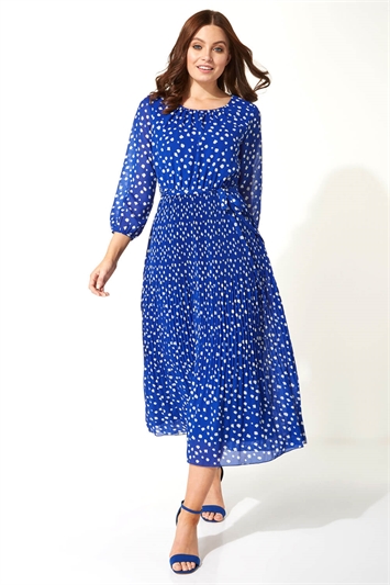 Royal Blue Spot Print Pleated Midi Dress