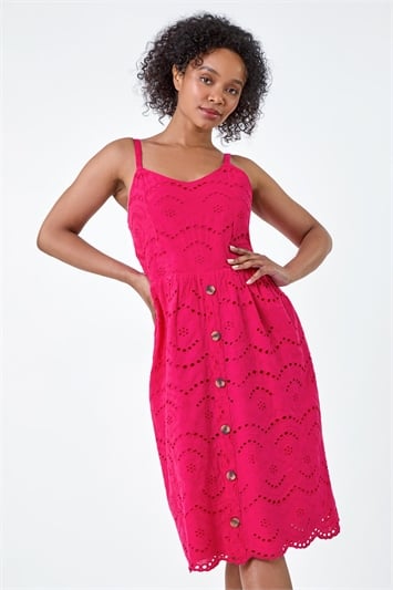 Pink Petite Cotton Broderie Button Dress
