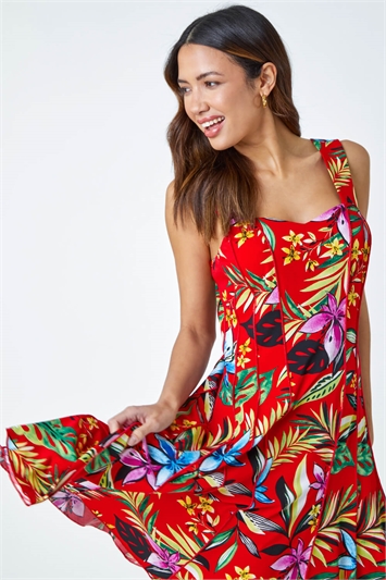 Red Sleeveless Floral Panel Stretch Dress