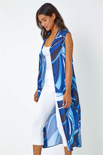 Blue Abstract Print Longline Button Blouse
