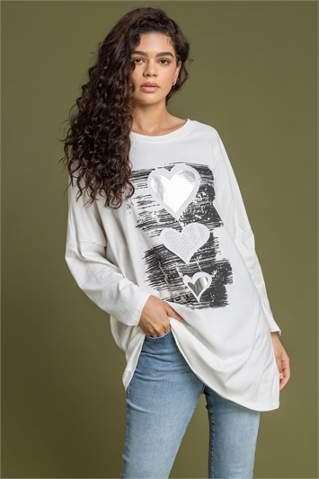 White Foil Heart Print Embellished Tunic Top