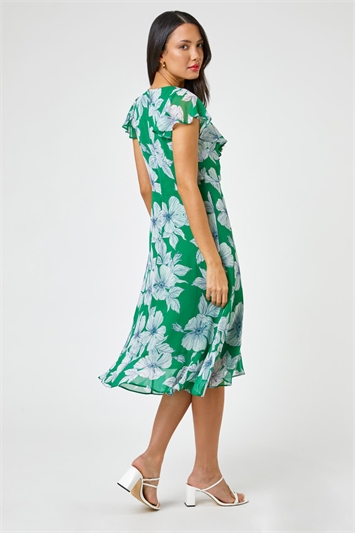 Green Floral Print Frill Midi Dress, Image 2 of 4