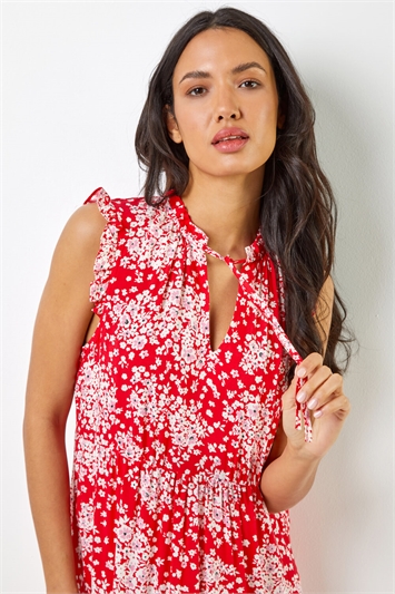 Red Ditsy Floral Print Frill Detail Maxi Dress, Image 4 of 5