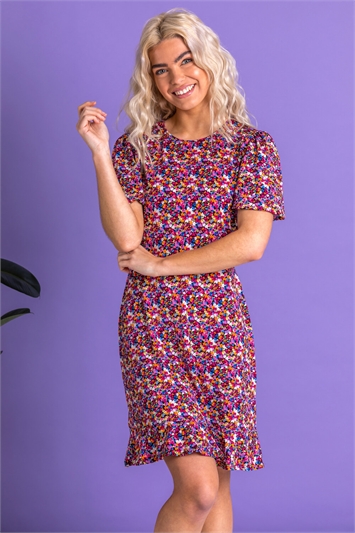 Fuchsia Ditsy Floral Print Dress, Image 3 of 5