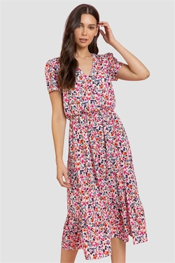 Pink Ditsy Floral Tiered Midi Dress