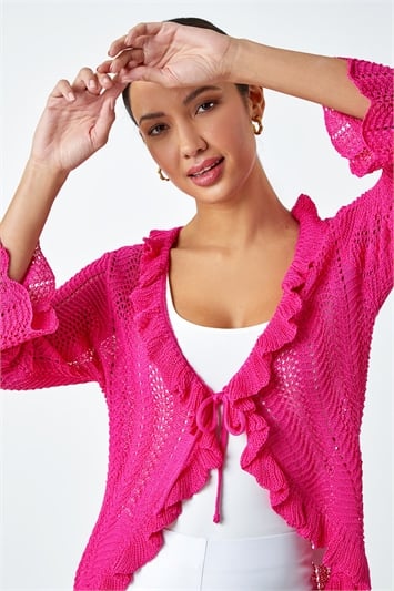 Pink Pointelle Knit Frill Trim V-Neck Cardigan