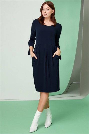 Blue Eyelet Sleeve Pocket Shift Dress