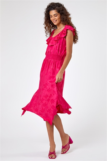Pink Shirred Waist Ruffle Midi Dress, Image 3 of 5