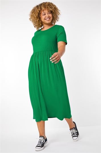 Green Curve Gathered Skirt Midi Stretch Dress, Image 4 of 5