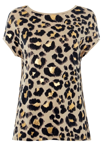 Leopard Foil Print T-Shirt in Cream - Roman Originals UK