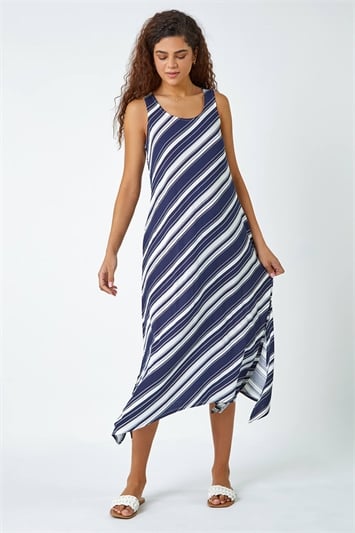 Blue Stripe Print Midi Smock Stretch Dress
