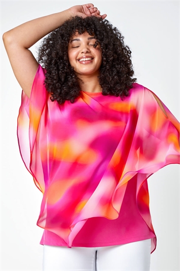 Pink Curve Ombre Print Chiffon Overlay Top
