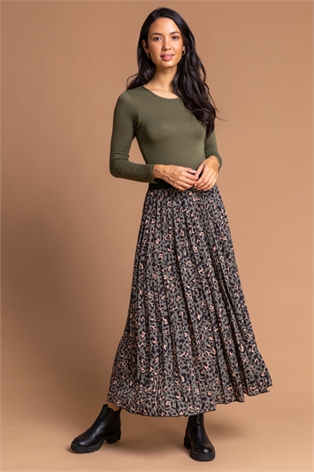 Khaki Animal Print Pleated Midi Skirt
