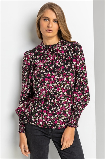 Black Ditsy Floral Frill Neck Blouse