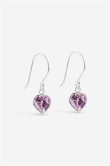 Purple Sterling Silver Cubic Zirconia 8Mm Heart Drop Earrings