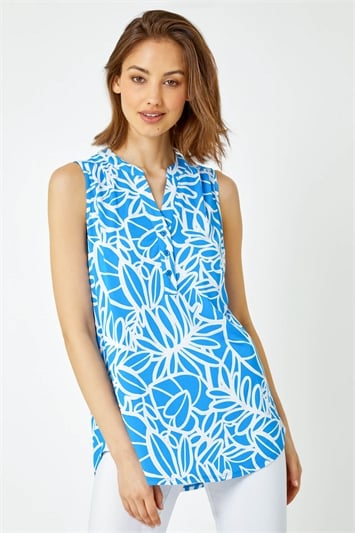 Blue Sleeveless Linear Print V-Neck Tunic Top