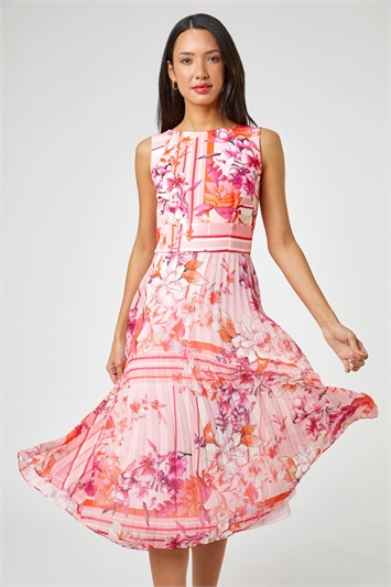 Pink Floral Print Fit And Flare Pleated Dress, Image 3 of 4