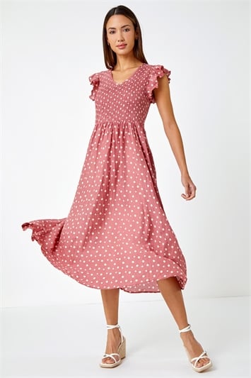 Pink Frill Sleeve Spot Shirred Midi Dress