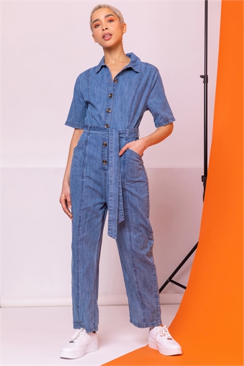 Blue Denim Button Through Belted Jumpsuit, Image 3 of 5