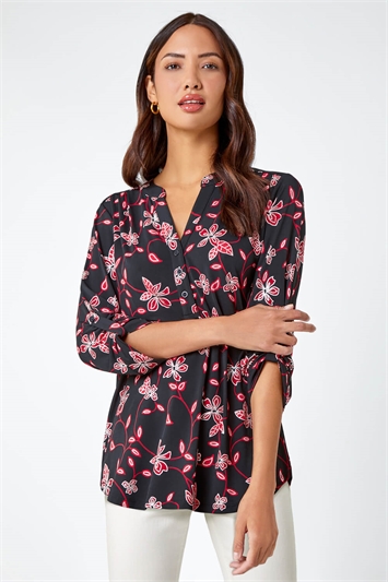 Red Textured Floral Stretch Jersey Shirt