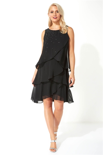 Black Embellished Frill Swing Dress, Image 2 of 5