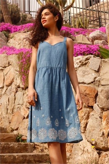 Blue Sleeveless Cotton Embroidered Midi Dress