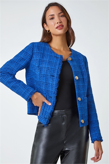 Blue Checked Boucle Button Detail Jacket