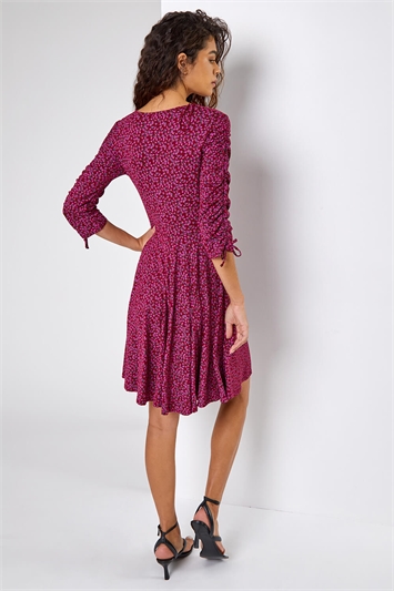 Wine Ditsy Floral Print Ruched Detail Dress, Image 2 of 5