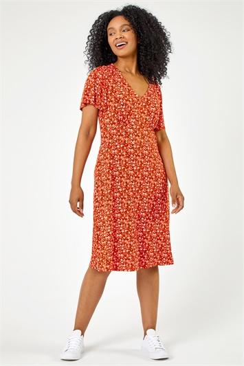 Red Petite Floral Print Stretch Jersey Dress, Image 3 of 5