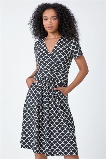 Black Petite Abstract Print Belt Detail Dress