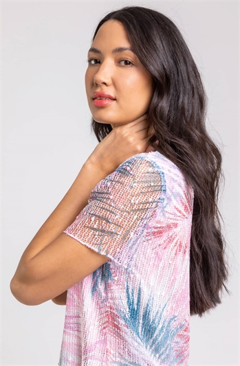 Pink Sequin Mesh Stretch Leaf Print Top, Image 4 of 4