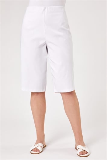 White Curve Knee Length Stretch Shorts, Image 2 of 3