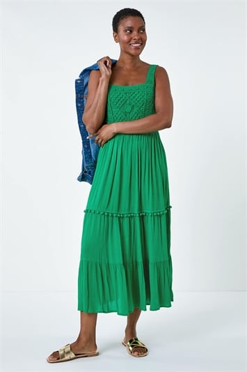 Green Crochet Detail Cotton Blend Maxi Dress