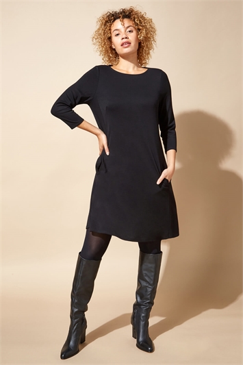 Black A-Line Pocket Detail Swing Dress, Image 2 of 5