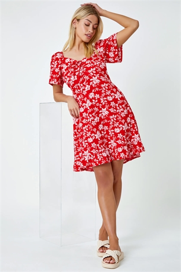 Red Floral Print Frill Hem Mini Dress