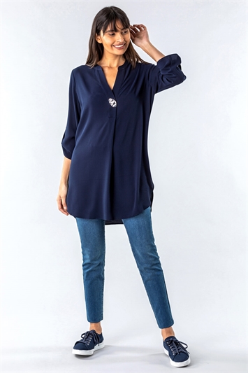 Navy Longline Button Detail Tunic Top, Image 2 of 4