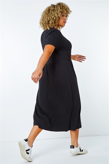 Black Curve Gathered Skirt Midi Stretch Dress, Image 3 of 5