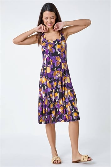 Purple Abstract Floral Print Stretch Panel Dress