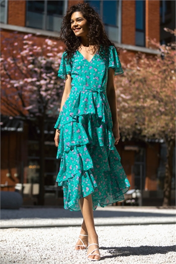 Green Floral Print Tiered Midi Dress
