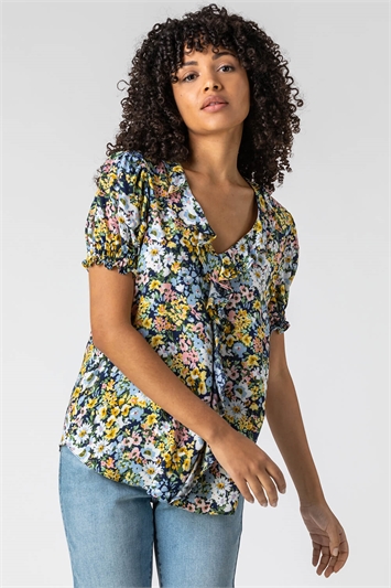 Blue Floral Print Frill Detail Blouse, Image 4 of 5
