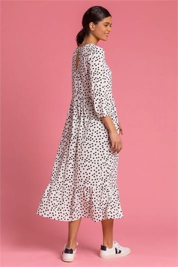Ivory Polka Dot Print Tiered Maxi Dress, Image 2 of 5