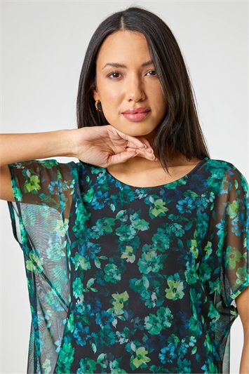 Green Floral Print Mesh Overlay Top, Image 4 of 4
