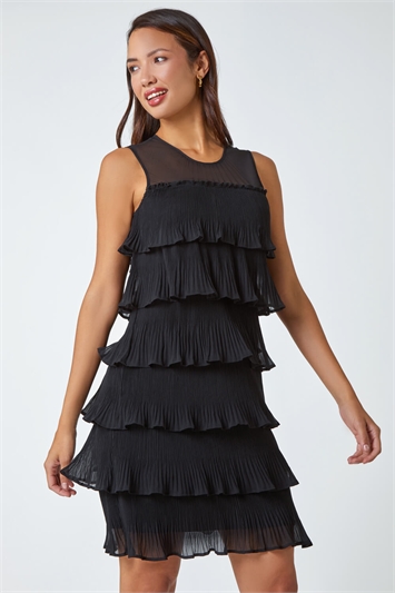 Black Sleeveless Pleated Tiered Chiffon Dress