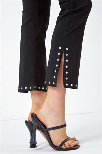 Black Stud Detail Cropped Stretch Trousers