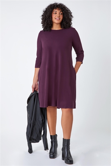 Purple Curve Pocket Detail Swing Stretch Dress