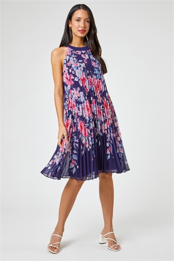 Navy High Neck Floral Print Pleated Swing Dress, Image 3 of 5