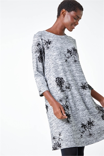 Grey Textured Floral Print Swing Stretch Dress