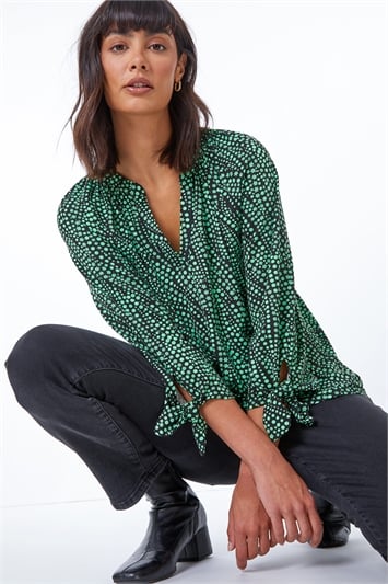 Green Ditsy Bow Tie Sleeve Top