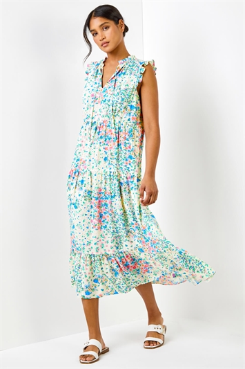 Ivory Ditsy Floral Print Frill Detail Maxi Dress, Image 3 of 6